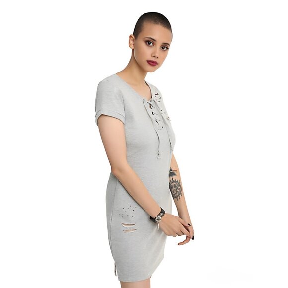 Almost Famous ✦ Grey Sweatshirt Dress ✦ Lace-Up Neckline + Distressed Details L - Picture 1 of 4